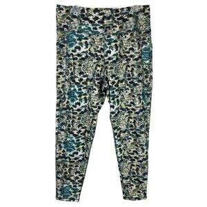 Kinesis Womens 1X Active Leggings Green Abstract Leopard Print Pockets High Rise